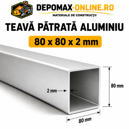 Teava patrata aluminiu 80 x 80 x 2 mm, 6 metri (EN AW-6060)